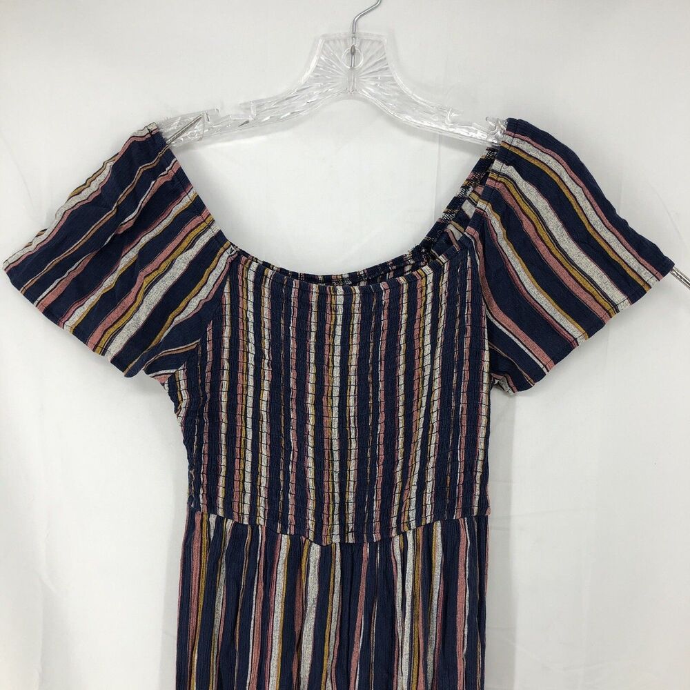 Xhilaration Short Sleeve Jumpsuit Blue Striped Wide Leg Smocked Small 29” Inseam